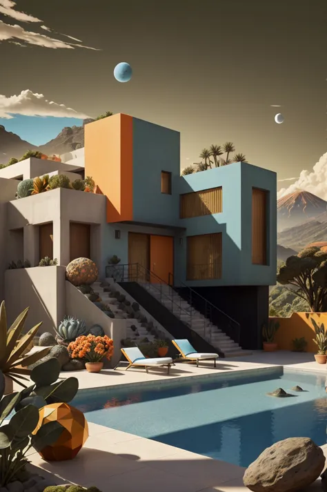 an illustration in collage style, with giant boulders, brutalist building sections, terraces, stairs, cacti, agave, concrete tex...