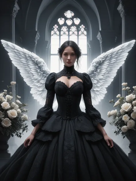 a beautiful flower angel, futuristic gothic style, extremely detailed face and body, anime-inspired, photorealistic, cinematic l...