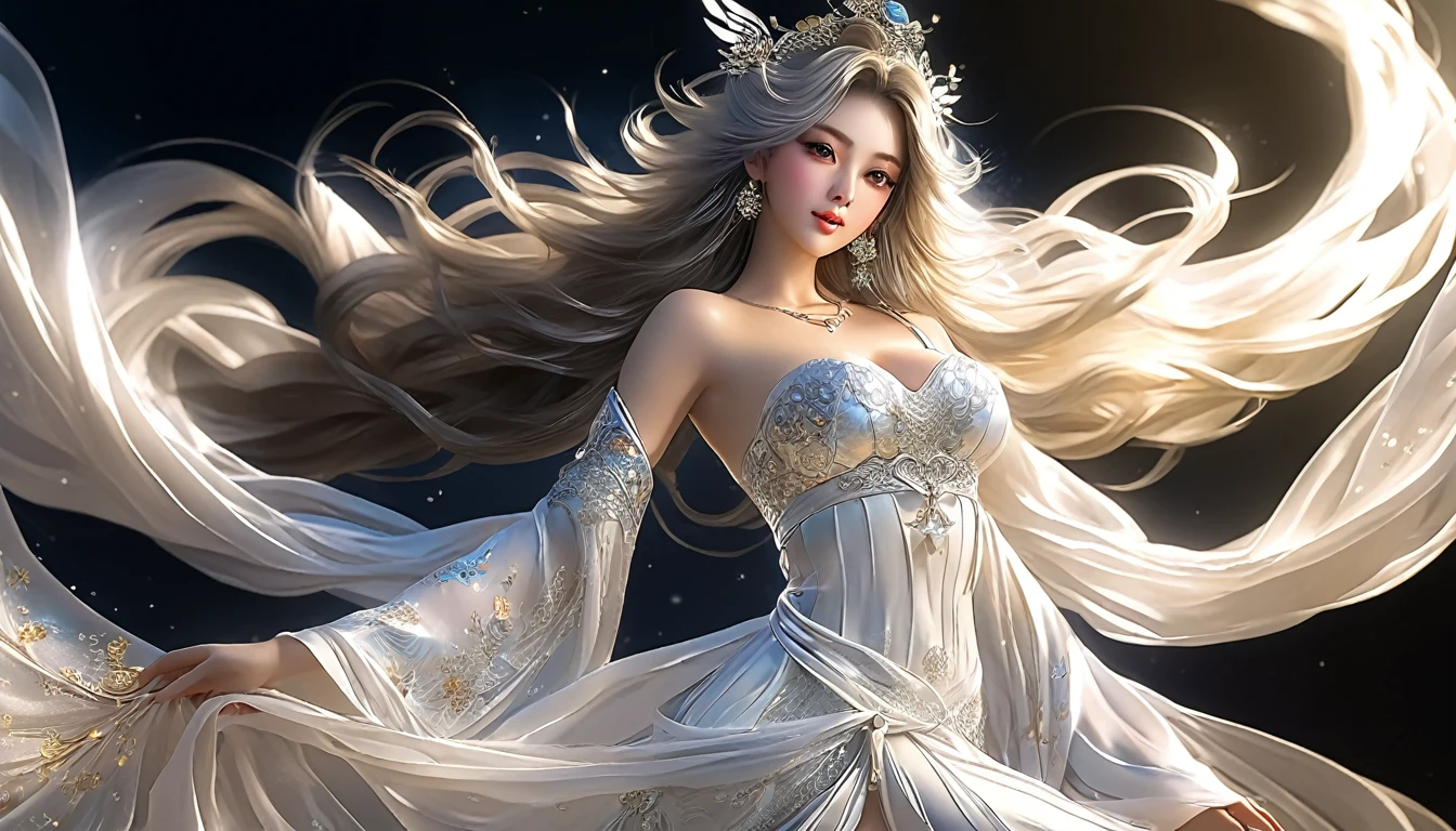 Woman in transparent dress,Viewer,(((Full breasts, Keeley University))),Slim waist,(Navel exposed,Bare waist), Long hair, extreme detailed details, Detailed fantasy art, Stunning character art, Beautiful and exquisite character art, Beautiful transparent dress, Very detailed, Girl wearing flowing Hanfu, Exquisite headpieces and jewellery,Crystal jewelry filigree, galaxy, Stunning visuals, (Dynamic Stripes, light rail:1.2), Vibrant colors,Long hair动漫女孩和狐狸, 美丽的白金色Angel女士, 白毛Angel, Beautiful character painting, Beautiful anime portrait, Angel翅膀的女孩, a beautiful Angel woman, Mystical artwork, Guweiz, by Ren Renfa, Angel, Large Breasts，Full breasts，Golden ratio figure，Perfect body，Ultra wide-angle shooting，Full body shot，Body close-up，Full body shot，Wearing a pleated tulle skirt，Soft anime illustration, Soft dark background，Fujifilm XT3 Clear focus, f 5.6, High Detail, Clear focus, Dramatic, (Wearing openwork clothing), (Looking at the audience:1.8), (Natural light), (Tempting)translucent, Good velvet quality, Compared, Divine Light,, Silver gray hair, Sky background, Absolute Strength,女性Angel，Girl in sexy silk,，Large Breasts，Full breasts，Golden ratio figure，Perfect body，Ultra wide-angle shooting，Full body shot，Body close-up，Full body shot， Wearing a tulle dress, Model shooting style, Large Breasts，Full breasts，Golden ratio figure，Perfect body，(Extremely detailed CG 8k wallpaper unit), The most beautiful artistic photos in the world, , 8K Ultra HD, ) On the big white bed，Lazy gesture，Charming and seductive expression，best quality,masterpiece,Ultra-high resolution,(Practical:1.4),original photo,Ultra-high resolution，White skin，Exquisite makeup，Long legs，Bright beautiful eyes，用深色眼影打造Exquisite makeup，