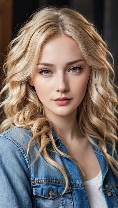 An attractive woman with long, wavy blonde hair, Youngh, semi-tied hair, curved, sexly, cropped rosa, jeans, hyper realistic abs...
