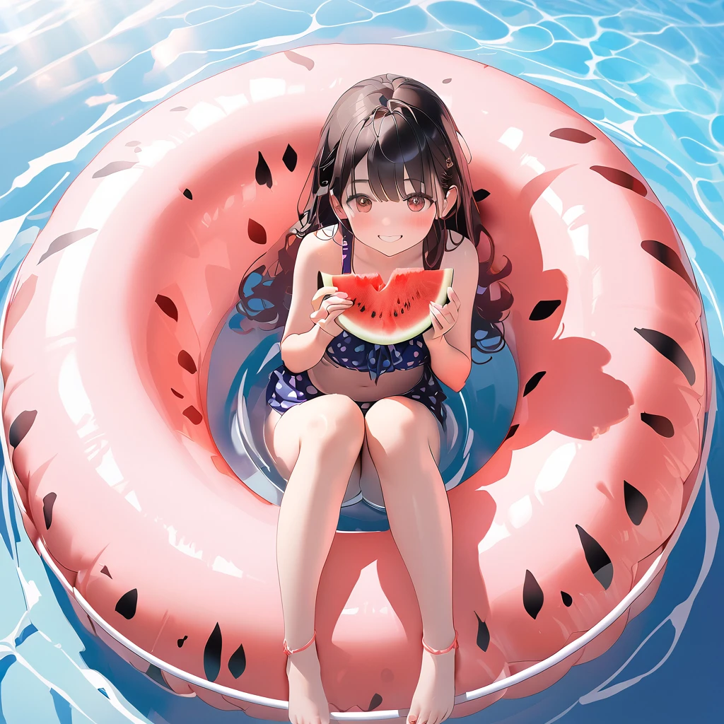 A cute girl eating ice cream in the swimming circle, there are watermelon and snacks on the swimming circle, 2.5D rendering, OC renderer, C4D style, red dot rendering, water clearly see the bottom, flat view, medium and long shot, ultra-high quality ultra-high details