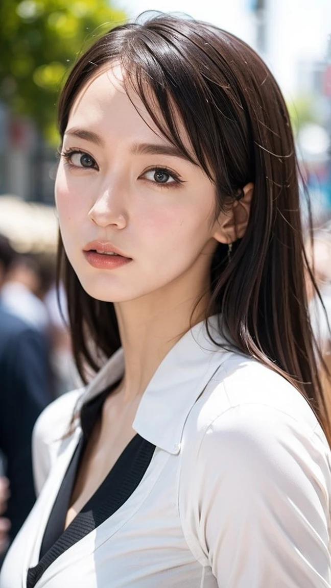 (((Realistic photograph))),, Portraiture, (Scary face:1.3),, beautiful girl, View your audience, , (school uniform:1.2), Buttoned shirt and trousers, , (Cleavage:1),, On the streets of Japan, (Environment details:1.3),, (RAWphotograph, CG unity, photograph, ultra Realistic details, Sharp focus, Detailed skin,4K, High resolution, masterpiece, Highest quality, Realistic, Vibrant:1.2),, (8K,4K, 超High resolution, High resolution, Professional, movieのような, movie, dramatic),, (Anamorphic depth of field blur background), Detailed Background,