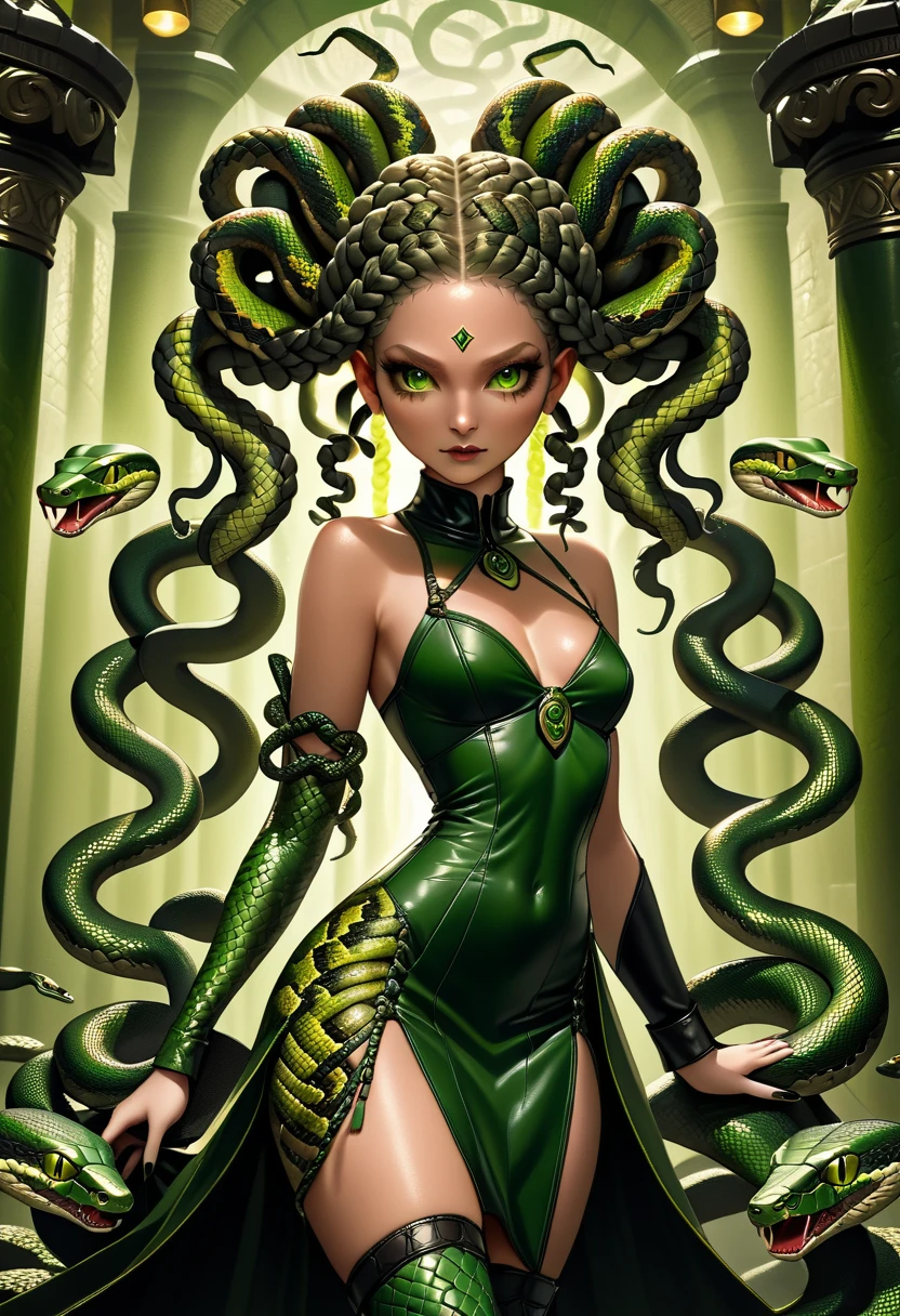 dark fantasy art a medusa having snake twin tails, a most beautiful medusa, reptilian eyes, pale skin, having twin snake braids, (only two braids made from living snakes: 1.3) on the medusa head, she wears intricate leather dress, thigh high heeled boots, modern bar background, dynamic range, vibrant, Ultra-high resolution, High Contrast, (masterpiece:1.5), highest quality, Best aesthetics), best details, best quality, highres, ultra wide angle, 16k, [ultra detailed], masterpiece, best quality, (extremely detailed), Intense Gaze, Medusa, sn4k3h41r, snake hair,