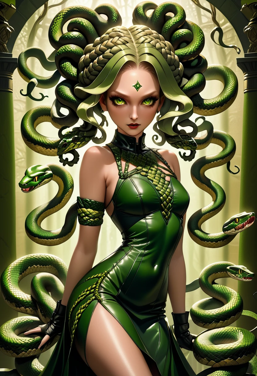 dark fantasy art a medusa having snake twin tails, a most beautiful medusa, reptilian eyes, pale skin, having twin snake braids, (only two braids made from living snakes: 1.3) on the medusa head, she wears intricate leather dress, thigh high heeled boots, modern bar background, dynamic range, vibrant, Ultra-high resolution, High Contrast, (masterpiece:1.5), highest quality, Best aesthetics), best details, best quality, highres, ultra wide angle, 16k, [ultra detailed], masterpiece, best quality, (extremely detailed), Intense Gaze, Medusa, sn4k3h41r, snake hair,