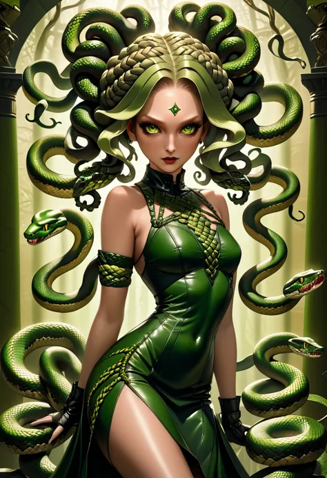 dark fantasy art a medusa having snake twin tails, a most beautiful medusa, reptilian eyes, pale skin, having twin snake braids,...