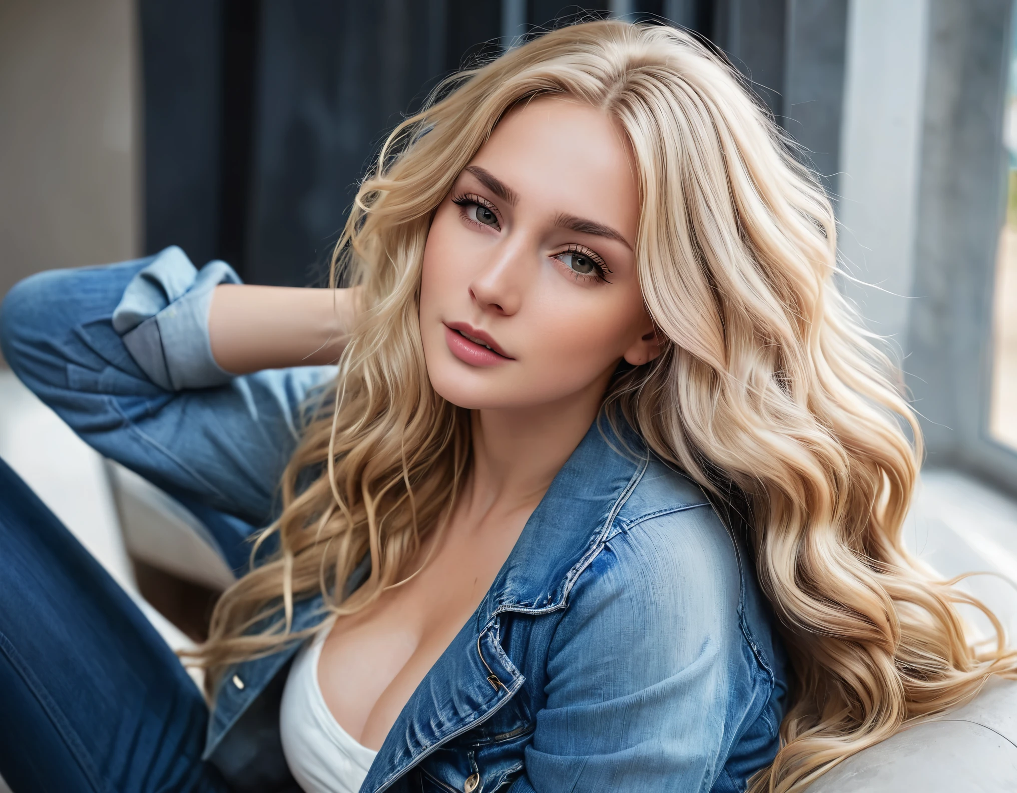 An attractive woman with long, wavy blonde hair, Youngh, semi-tied hair, curved, sexly, seductive, cropped rosa, jeans, hyper realistic absurdity, CRU photo, UltraHD 8K, high qualiy, film grain, shallow depth of field, (highly detailed skin:1.2)