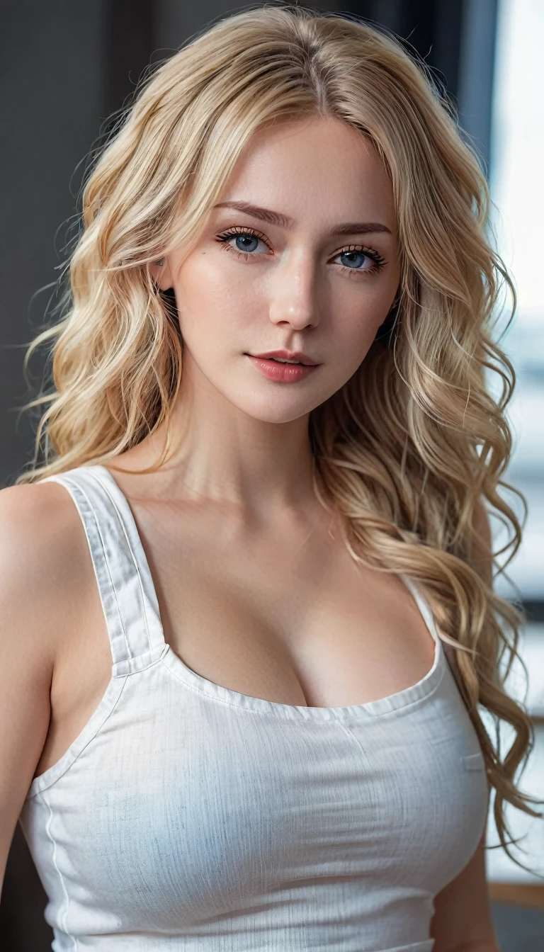 An attractive lady with long, wavy blonde hair, Youngh, semi-tied hair, curved, sexly, seductive, breast, white cropped vest top, jeans, hyper realistic absurdity, CRU photo, UltraHD 8K, high qualiy, film grain, (highly detailed skin:1.2), shallow depth of field