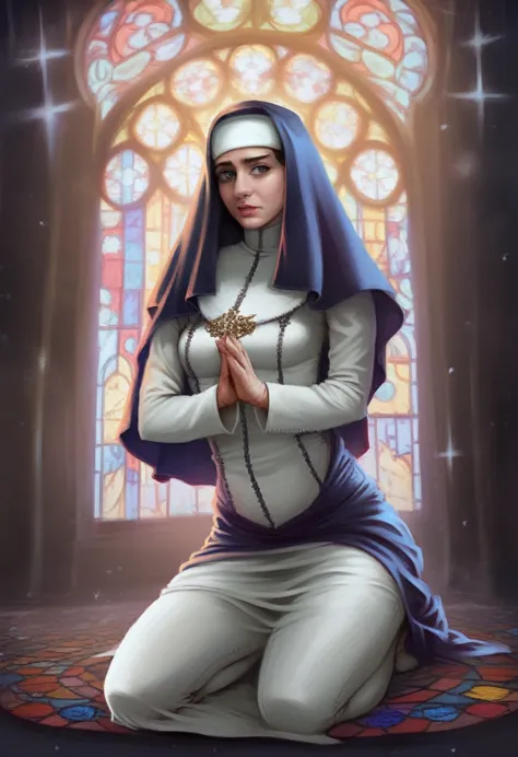 a sexy nun with a voluptuous body wearing lace lingerie, bdsm nun kneeling and praying, detailed stained glass church interior, ...
