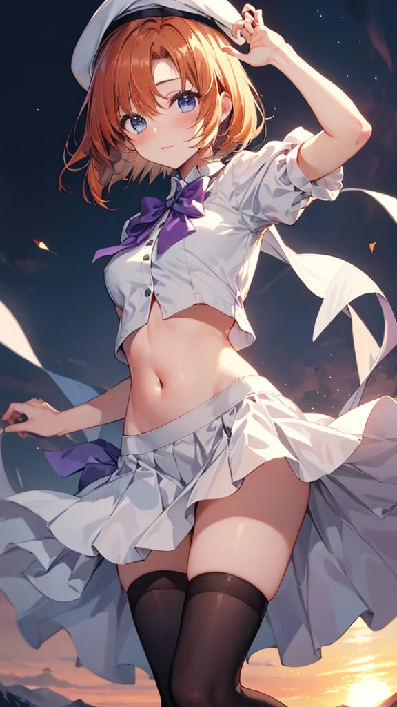 Twilight,Orange sun,Rena Ryuuguu, Orange Hair, short hair, blue eyes,Mountain of bulky trash,Narrow waist,Normal size breasts,
(White Beret), bow, bowtie,(White Dress:1.2),White Skirt,Have, puffy Short sleeve, Puffy sleeves, purple bow, purple bowtie, Short sleeve, Black knee socks, zettai ryouiki,blush,(From below:1.3),(Skirt lift up to the navel:1.5), (Skirt roll up:1.3),stand,(Leg spread:1.3),((No underwear)),masterpiece,Noise Reduction,Perfect Anatomy,High resolution, Super detailed,Game CG,Dutch Angle ,Beautiful attention to detail,Visual Arts,Five Fingers, Perfect hands, Perfect lighting,