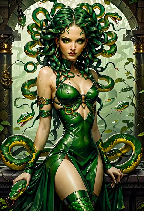 dark fantasy art a medusa having snake twin tails, a most beautiful medusa, reptilian eyes, pale skin, having twin snake braids,...