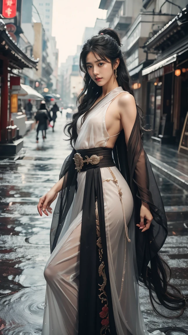 Full Body shot:1.2 1 girls,the most beautiful, Sweet, elegant ,full Body ,Small Breasts ,Rainy day in the background.,cityscape,1 female, beautiful girl, pretty face, Female Samurai, Supermodel, shiny bracelet, beautiful hanfu (Red, transparent),cape, alone, {Beautiful and delicate eyes}, Calm expression, Natural and soft Light, delicate face, a lot of small earringodel pose)), Glamor Body type, (Black neon hair:1.2), Nest, Long-term ponytail, a lot of_Long-term_hair, hair past hip, curly hair, Film particles, Real Hand, masterpiece, best quality, actual, มีรายละเอียดa lot of, Exquisite details, High resolution, Perfect dynamic composition, Beautifully detailed eyes, Smiling eyes, ((Nervous and shy)), sharp focus, full_Body, Sexy pose, cowboy_shoot, samurai girl, 發Light的額頭, Light,