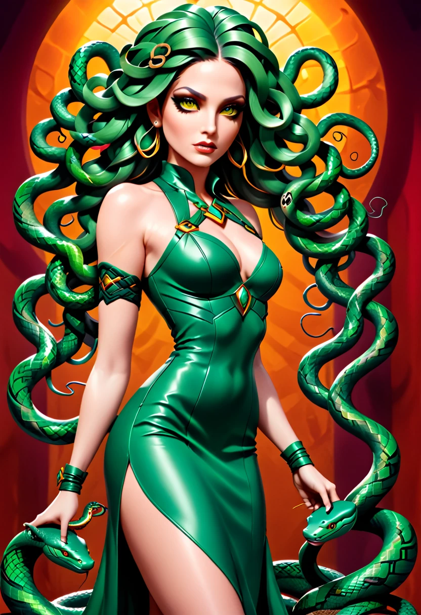 dark fantasy art a medusa having (snake twin braids: 1.5) a most beautiful medusa, reptilian eyes, pale skin, having twin snake braids, ((only two braids made from living snakes: 1.3)) on the medusa head, she wears intricate leather dress, thigh high heeled boots, modern bar background,  dynamic range, vibrant, Ultra-high resolution, High Contrast, (masterpiece:1.5), highest quality, Best aesthetics), best details, best quality, highres, ultra wide angle, 16k, [ultra detailed], masterpiece, best quality, (extremely detailed), Intense Gaze, Medusa, sn4k3h41r, snake hair,