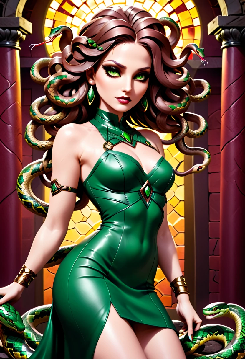 dark fantasy art a medusa having (snake twin braids: 1.5) a most beautiful medusa, reptilian eyes, pale skin, having twin snake braids, ((only two braids made from living snakes: 1.3)) on the medusa head, she wears intricate leather dress, thigh high heeled boots, modern bar background,  dynamic range, vibrant, Ultra-high resolution, High Contrast, (masterpiece:1.5), highest quality, Best aesthetics), best details, best quality, highres, ultra wide angle, 16k, [ultra detailed], masterpiece, best quality, (extremely detailed), Intense Gaze, Medusa, sn4k3h41r, snake hair,