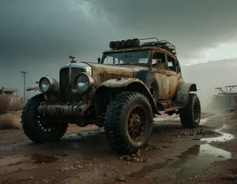 a powerful off-roader, post-apocalyptic, mad max style, weathered and dystopian, desert landscape, dramatic lighting, vibrant co...