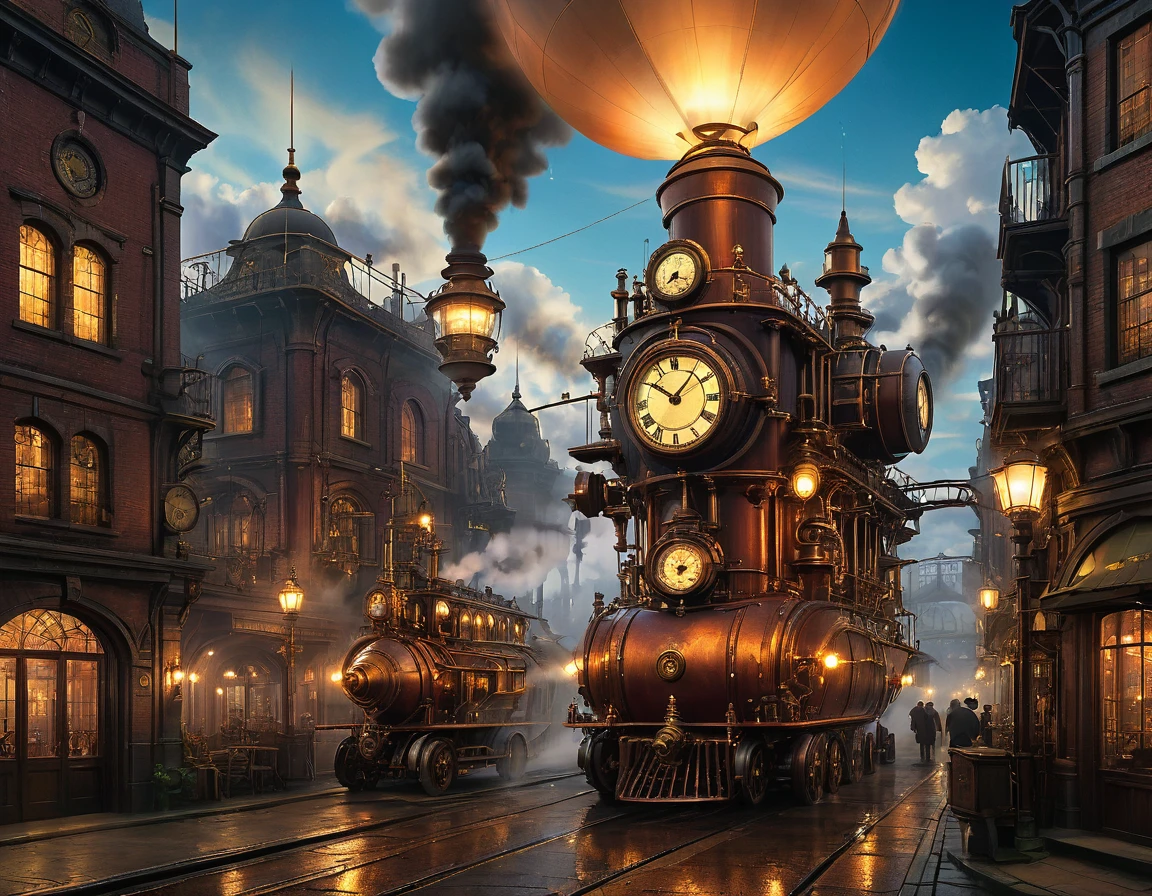 images d&#39;art steampunk, plan large,  détails intenses, highly détaillé, Réaliste, la plus haute qualité, haute résolution, lumière réfléchie, Attention au détail, la plus haute qualité, 16k, [ultra détaillé], chef-d&#39;œuvre, la plus haute qualité, (extremely détaillé), ultra plan large, Réaliste, né, Réaliste芸術,((la plus haute qualité)), ((chef-d&#39;œuvre)), (détaillé), Beaucoup de vapeur qui monte、、Il n&#39;y a personne、personne、Zone urbaine、Gaslight、Dirigeable volant dans le ciel、１Deux tours de l&#39;horloge、nuit、