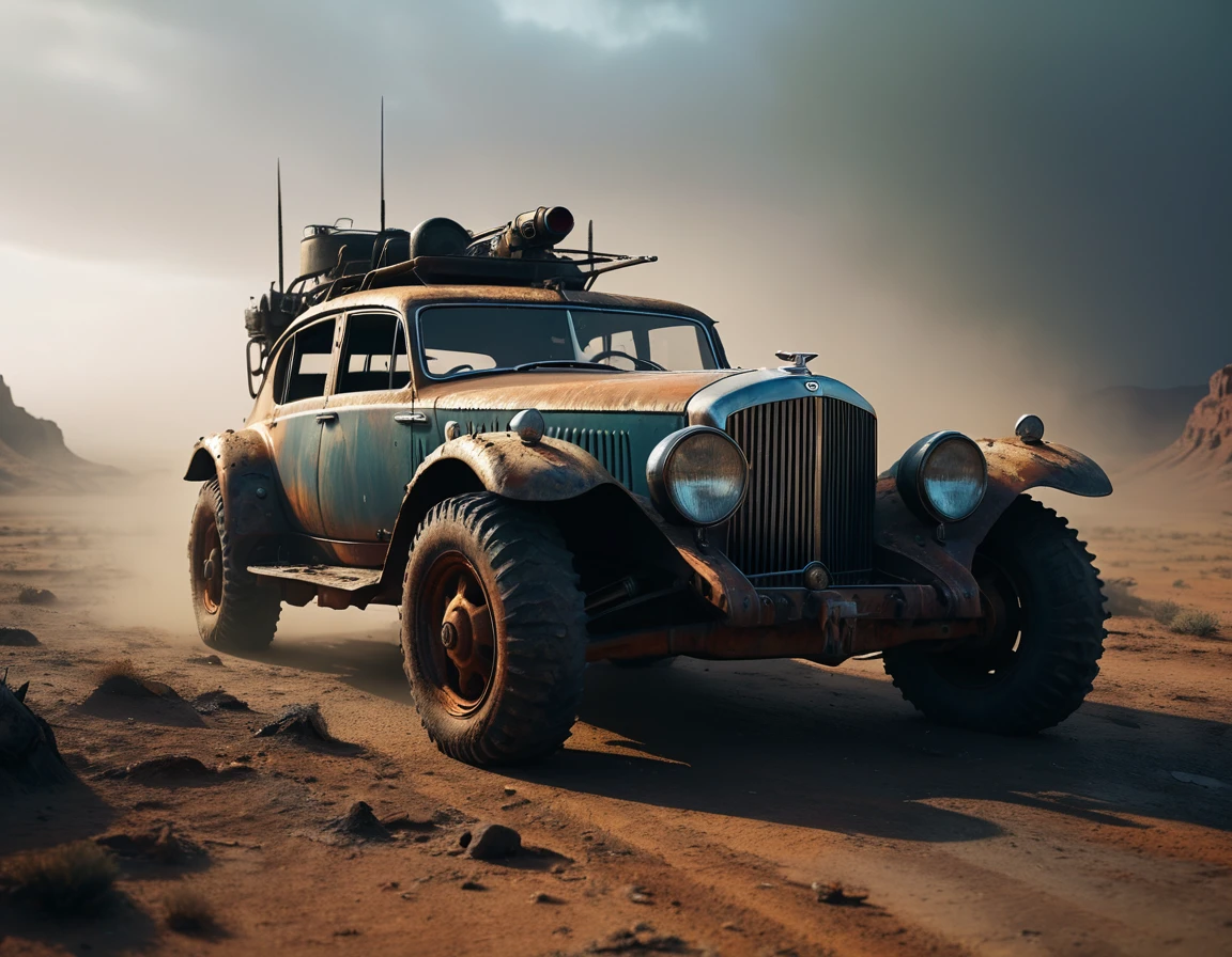 a powerful off-roader, post-apocalyptic, mad max style, weathered and dystopian, desert landscape, dramatic lighting, vibrant colors, gritty and rugged, heavily modified vehicle, massive wheels, spikes and armor plating, menacing presence, cinematic composition, ultra-detailed, 8k, photorealistic, dramatic angles, chiaroscuro lighting, volumetric fog, dust and grime effects, worn and battle-damaged, ominous atmosphere, cinematic depth of field, dramatic color grading, intense shadows and highlights, car old Bentley, with visible motor