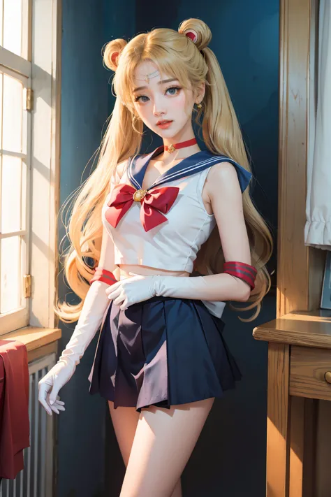 masterpiece, best quality, sailor moon,1girl, long hair,jewelry, sailor senshi uniform, blue sailor collar,blonde hair, red chok...