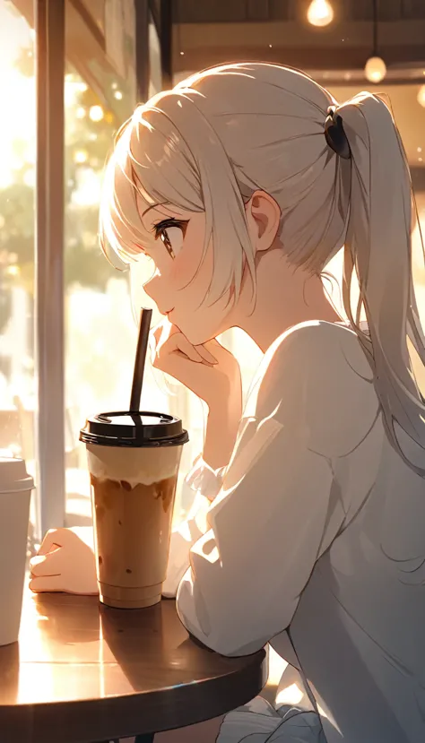 Close-up of beautiful and cute girl with twin ponytails sitting in cafe，Looking out the window.There is a cup of ice coffee on t...