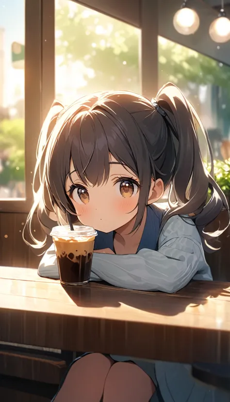 Close-up of beautiful and cute girl with twin ponytails sitting in cafe，Looking out the window.There is a cup of ice coffee on t...