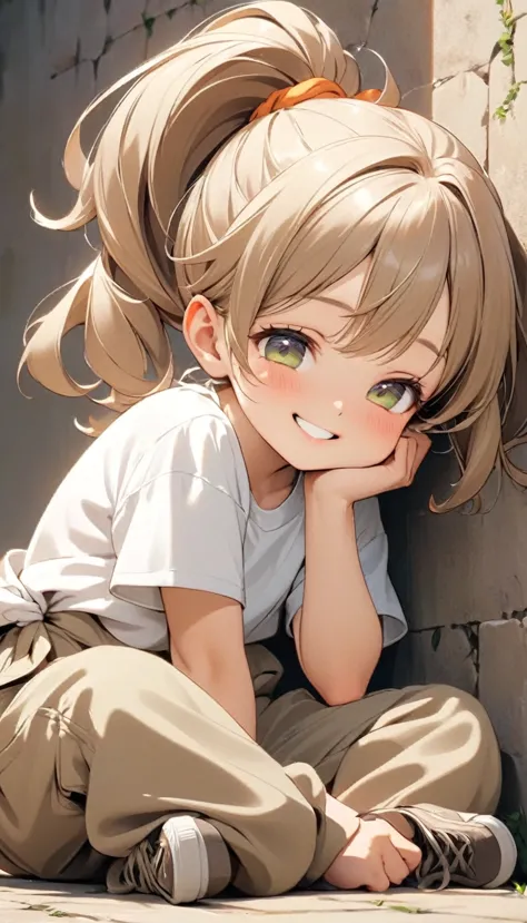 A cute little girl, Tied with a double ponytail, Short white T-shirt, Khaki baggy pants, Sitting on the ground by the wall, Hold...