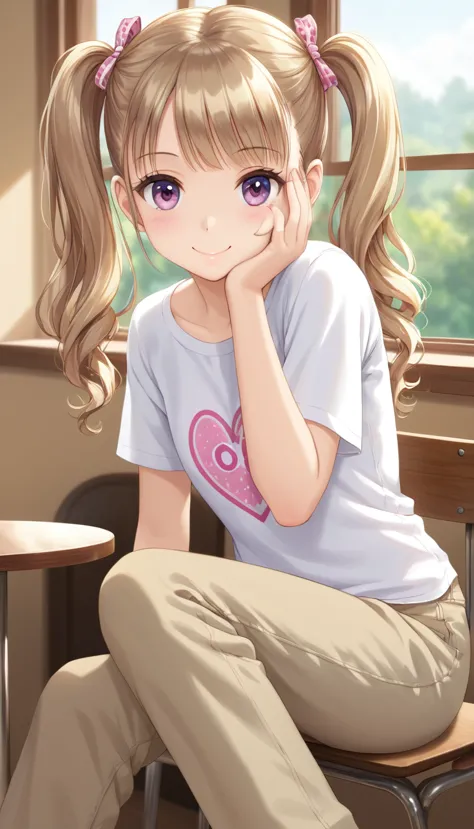 One is tied with two ponytails,Cute little girl, Short white T-shirt, Khaki baggy pants, Sitting by the window of the cafe, Hold...
