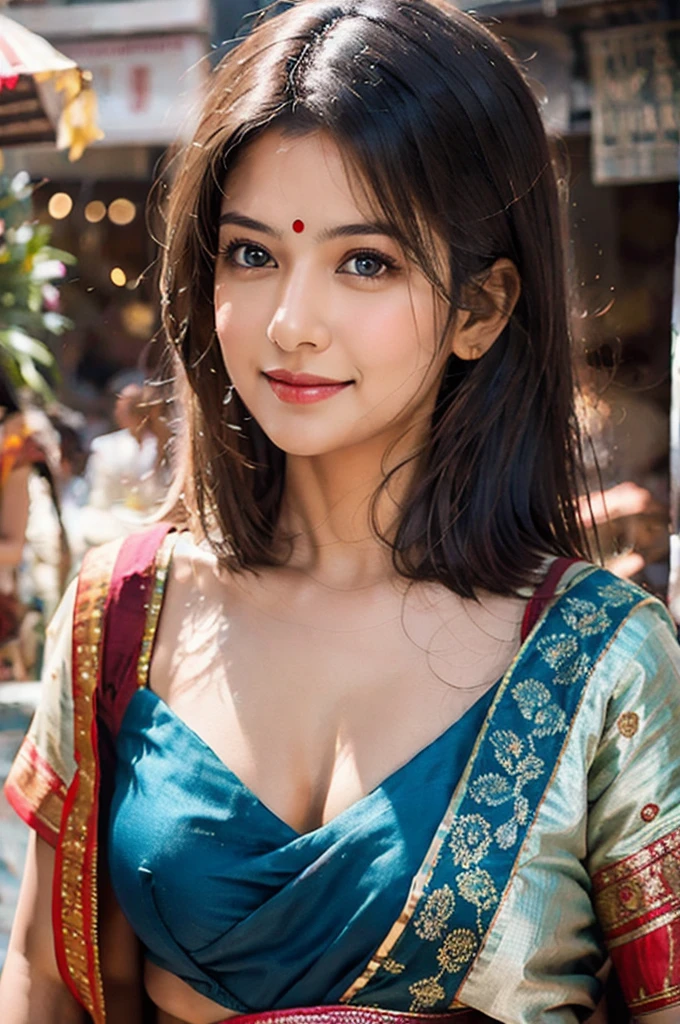 masterpiece, centered, 1 young Indian woman with a cute and radiant face, featuring exquisitely detailed eyes, expressing a mix of shyness and joy, dressed in vibrant traditional Indian attire. She has a slim figure and medium-sized breasts. Generate an 8k image, risbeauty indian,
