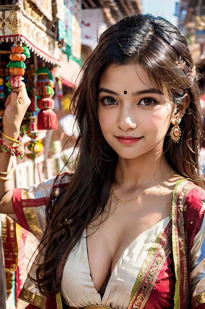 masterpiece, centered, 1 young Indian woman with a cute and radiant face, featuring exquisitely detailed eyes, expressing a mix of shyness and joy, dressed in vibrant traditional Indian attire. She has a slim figure and medium-sized breasts. Generate an 8k image, risbeauty indian,
