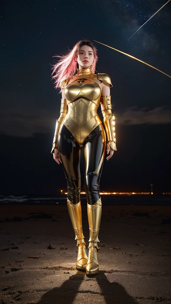 ((best quality)), ((masterpiece)), (ultra detailed lights), ((full body:1.3)), ((skinny body)), 1girl, extremely beautiful, ((slim body)), thighs gap, ultra face details, 20 years old, ((pink curvy-hair)), ((hair blown by strong winds :1.3)), Award-winning photograph, ((symmetrical pose)), ((full body golden black armor)), posing in the middle, intricate details, ((thight golden armour)), ((extremely details armor)), ((tight latex pants)), ((24k-gold armor)), ((edge luminous armor)), cameltoe, luminescent, epic lights reflections, she is posing with ((Athena's golden bow)), at beach, full of stars, orange clouds, nebula sky, epic aurora borealis in the background, shooting stars, ((from below))