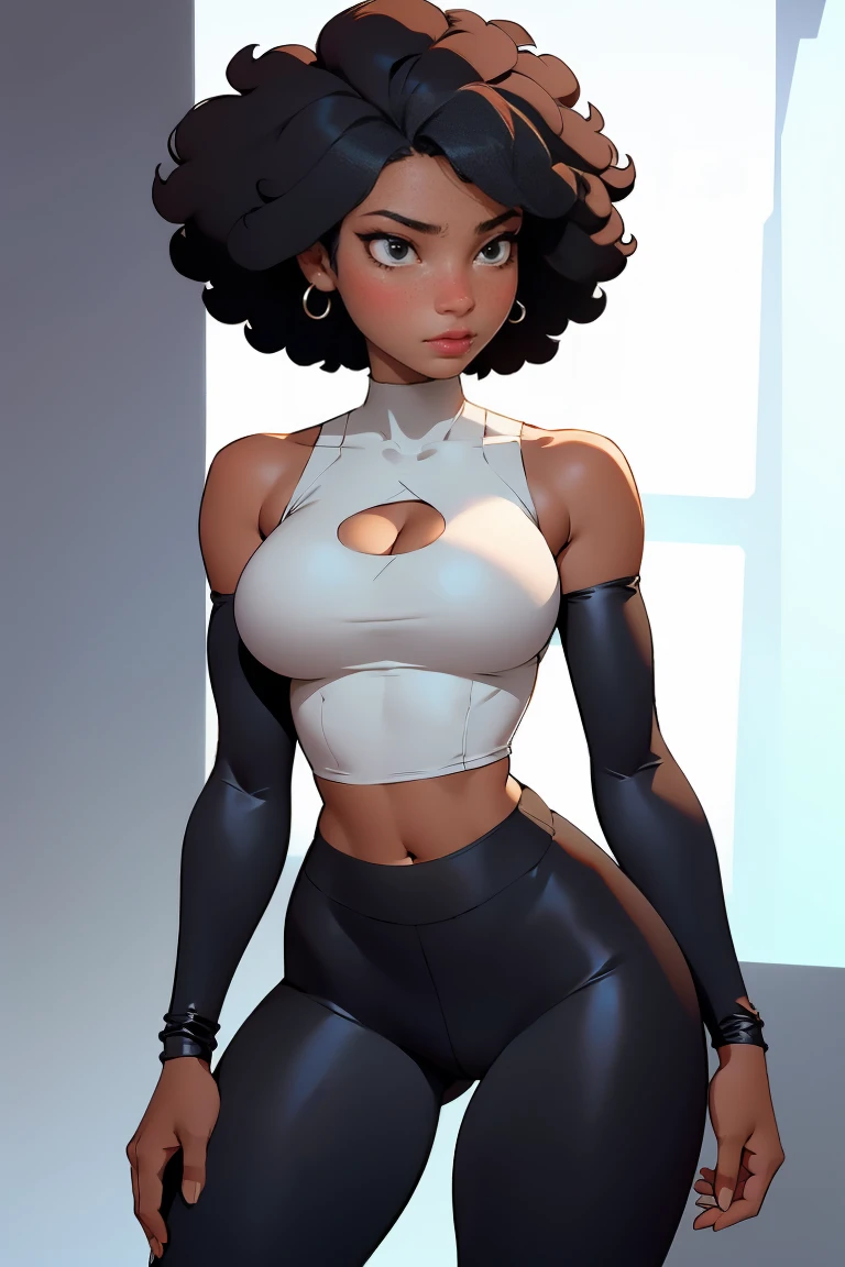 afro american girl, dark skin, behind view, afro haircut, 1 girl, solo, (black leggins) (crop tank top, cleavage), sleveless, medium bust size , wide hips
