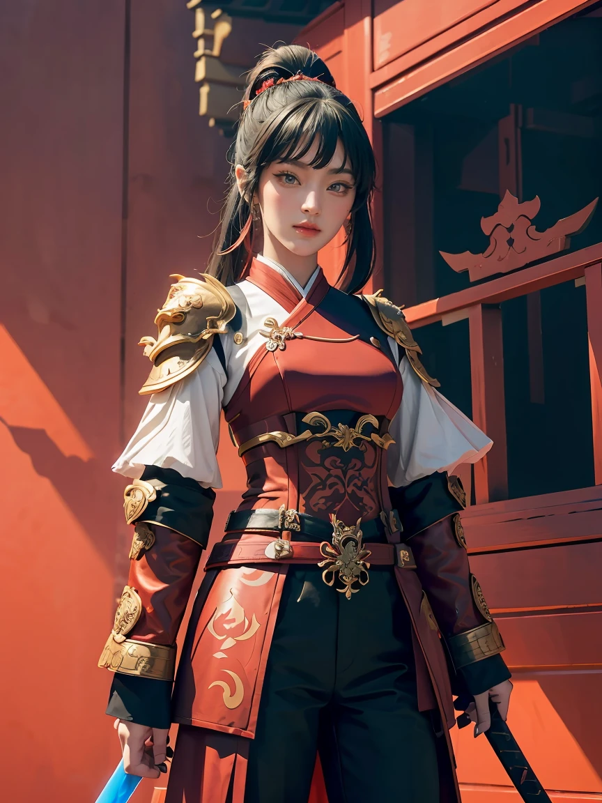 Chica con espada y armadura parada frente a un fondo rojo., arte detallado de onmyoji, impacto de ayaka genshin, onmyoji, ayaka juego genshin impacto, keqing del impacto genshin, irelia, zhongli del impacto genshin, germen artístico extremadamente detallado, retrato onmyoji, mago de pelo negro, blue electro eyes