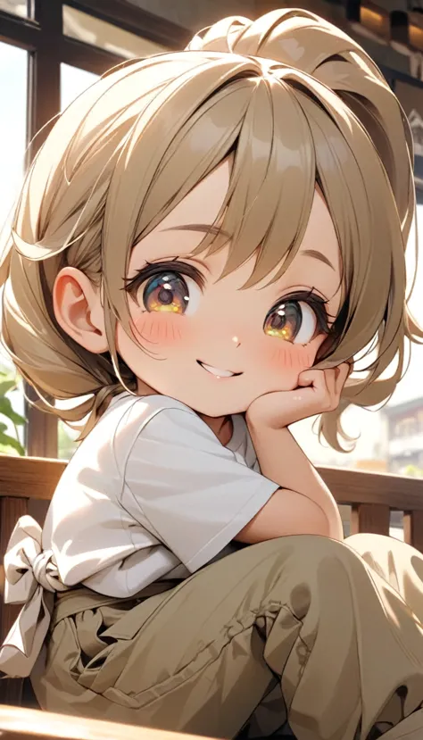 A cute little girl, Tied with a double ponytail, Short white T-shirt, Khaki baggy pants, Sitting by the window of the cafe, Hold...