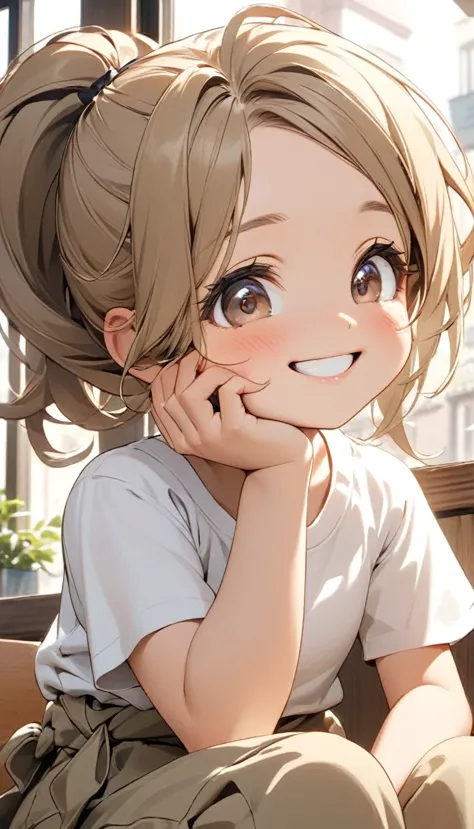 A cute little girl, Tied with a double ponytail, Short white T-shirt, Khaki baggy pants, Sitting by the window of the cafe, Hold...