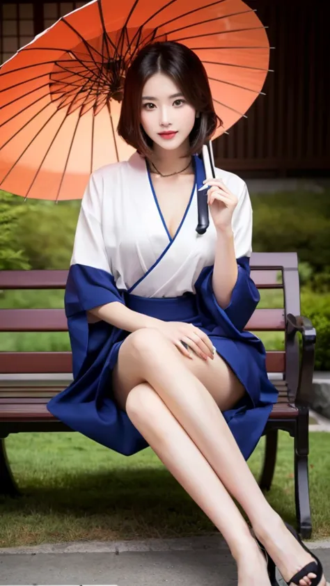 araffe woman sitting on a bench with an umbrella in her hand, sexy girl, korean girl, japanese goddess, japanese model, asian gi...