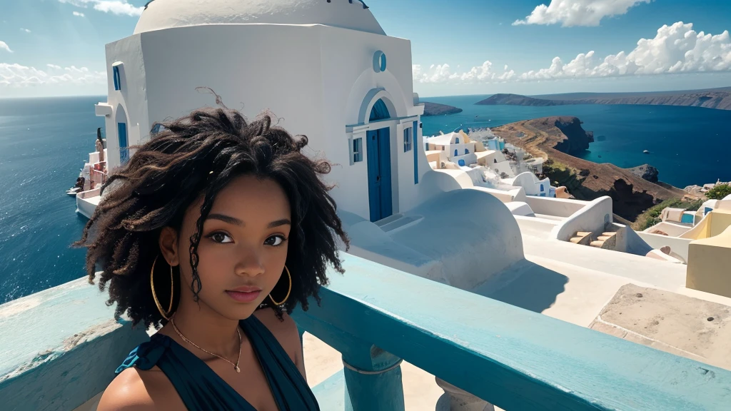 Beautiful black girl, Afro hair, frizzy textured hair. Beautiful detailed face, high detail, gorgeous eye. High detailed hands. Beautiful, flowing, sheer cloth sundress. View of the ocean from Santorini Greece. Beautiful blue dome architecture, Daytime architecture. Mediterranean. Light reflecting off ocean waves in the distance. Lovely dramatic sky