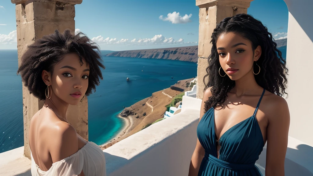 Schön black girl, Afro-Haar, krauses strukturiertes Haar. Schön detailed face, Hohe Detailliertheit, wunderschönes Auge. hochdetaillierte Zeiger. Schön, fließend, Sommerkleid aus transparentem Stoff. Blick auf das Meer von Santorini, Griechenland. Schön blue dome architecture, Tagesarchitektur. Mittelmeer. Licht, das von den Meereswellen in der Ferne reflektiert wird. Schöner dramatischer Himmel