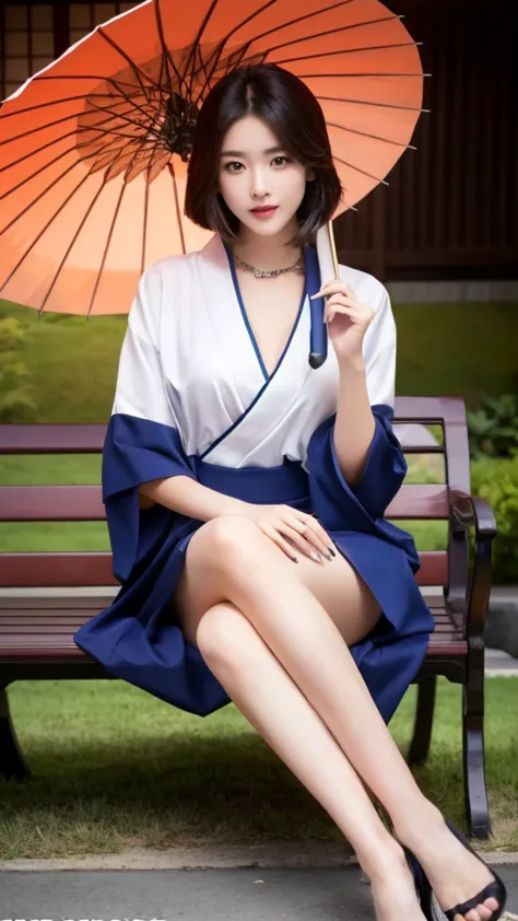 araffe woman sitting on a bench with an umbrella in her hand, sexy girl, korean girl, japanese goddess, japanese model, asian gi...