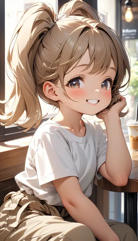 One is tied with two ponytails,Cute little girl, Short white T-shirt, Khaki baggy pants, Sitting by the window of the cafe, Hold...