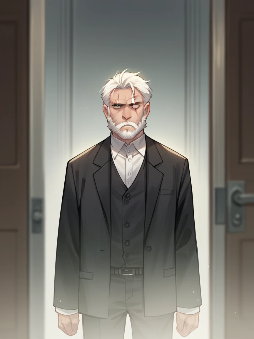 score_9, score_8_up, score_7_up, score_6_up,  t0nym0r3, 1 young boy, ju1ch3, white hair, beard, scar on left eye, male black suit, dark blurry door on background