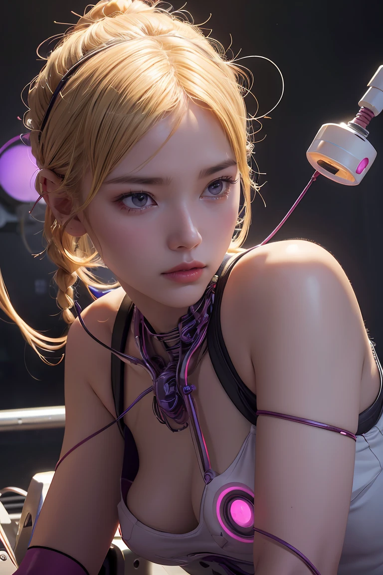 Top Quality, Masterpiece, Ultra High Resolution, (Photorealistic: 1.4), Raw Photo, 1 Girl, Blonde Hair, Glossy Skin, 1 Mechanical Girl, (Ultra Realistic Detail)), Portrait, Global Illumination, Shadows, Octane Rendering, 8K, Ultra Sharp, Big, Cleavage Exposed Raw Skin, Metal, Intricate Ornament Details, Korea Details, Very intricate details, realistic light, CGSoation trend, purple eyes, glowing eyes, facing the camera, neon details, mechanical limbs, blood vessels connected to the tube, mechanical vertebrae attached to the back, mechanical cervical attachment to the neck, sitting, wires and cables connecting to the head, gundam, small LED lamps, pet viewers