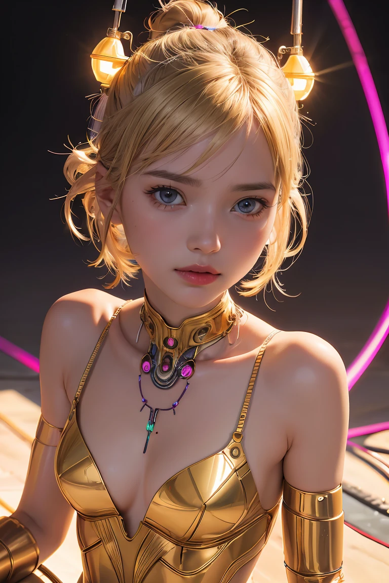 Top Quality, Masterpiece, Ultra High Resolution, (Photorealistic: 1.4), Raw Photo, 1 Girl, Blonde Hair, Glossy Skin, 1 Mechanical Girl, (Ultra Realistic Detail)), Portrait, Global Illumination, Shadows, Octane Rendering, 8K, Ultra Sharp, Big, Cleavage Exposed Raw Skin, Metal, Intricate Ornament Details, Korea Details, Very intricate details, realistic light, CGSoation trend, purple eyes, glowing eyes, facing the camera, neon details, mechanical limbs, blood vessels connected to the tube, mechanical vertebrae attached to the back, mechanical cervical attachment to the neck, sitting, wires and cables connecting to the head, gundam, small LED lamps, pet viewers
