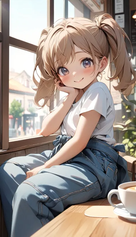One is tied with two ponytails,Cute little girl, Short white T-shirt, Denim baggy pants, Sitting by the window of the cafe, Hold...