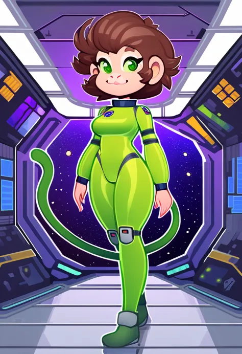 high quality, vivid colors, 2D style art, One a Female Anthropomorphic Monkey, She hasshort and spikey brown hair, she has green...