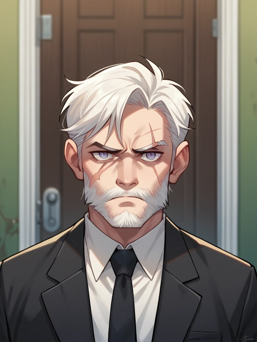 score_9, score_8_up, score_7_up, score_6_up,  t0nym0r3, 1 young boy, ju1ch3, white hair, beard, scar on left eye, male black suit and tie, dark blurry door on background