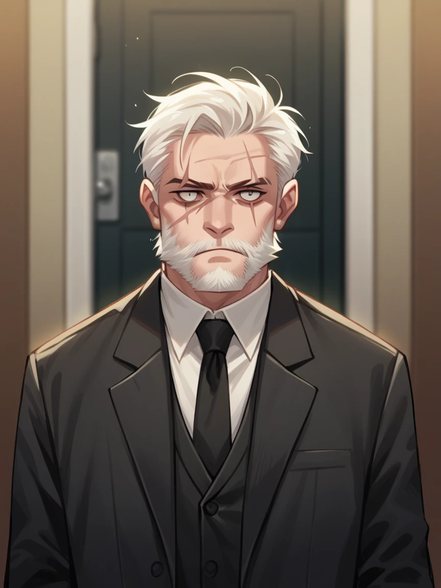 score_9, score_8_up, score_7_up, score_6_up,  t0nym0r3, 1 young boy, ju1ch3, white hair, beard, scar on left eye, male black suit and tie, dark blurry door on background