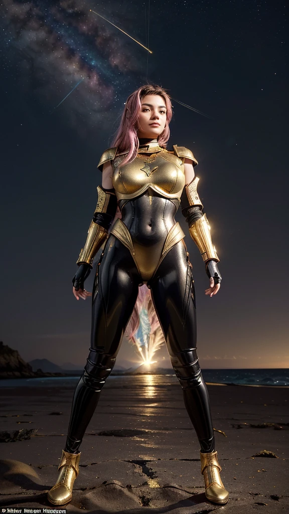 ((best quality)), ((masterpiece)), (ultra detailed lights), ((full body:1.3)), ((skinny body)), 1girl, extremely beautiful, ((slim body)), thighs gap, ultra face details, 20 years old, ((pink curvy-hair)), ((hair blown by strong winds :1.3)), Award-winning photograph, ((symmetrical pose)), ((full body golden black armor)), posing in the middle, intricate details, ((thight golden armour)), ((extremely details armor)), ((tight latex pants)), ((24k-gold armor)), ((edge luminous armor)), cameltoe, luminescent, epic lights reflections, she is posing with ((Athena's golden bow)), at beach, full of stars, orange clouds, nebula sky, epic aurora borealis in the background, shooting stars, ((from below))