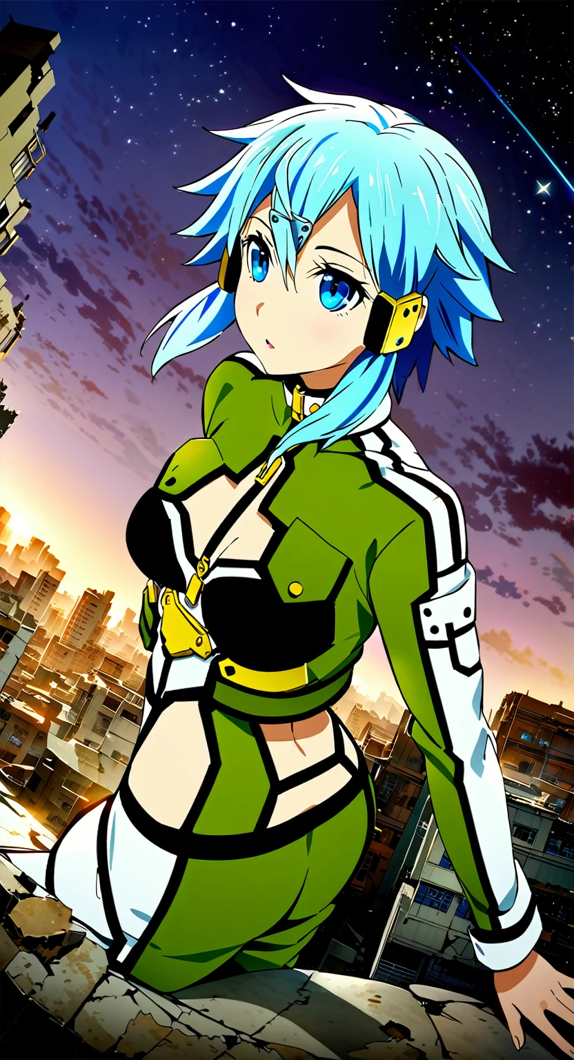 A girl(16 years old), sinonggo, short hair with pale blue color, looking to the sky, one hand holding the hair, behind the view, standing on top of a building, the sky is so beautiful, (the night sky with the falling of stars), the moon is so beautiful in the middle top view, (there are many damaged buildings), silent place, beautiful view, the night wind blowing, (ultra HD image), (Masterpiece image), (intricate details), 8k quality, ray tracing filters