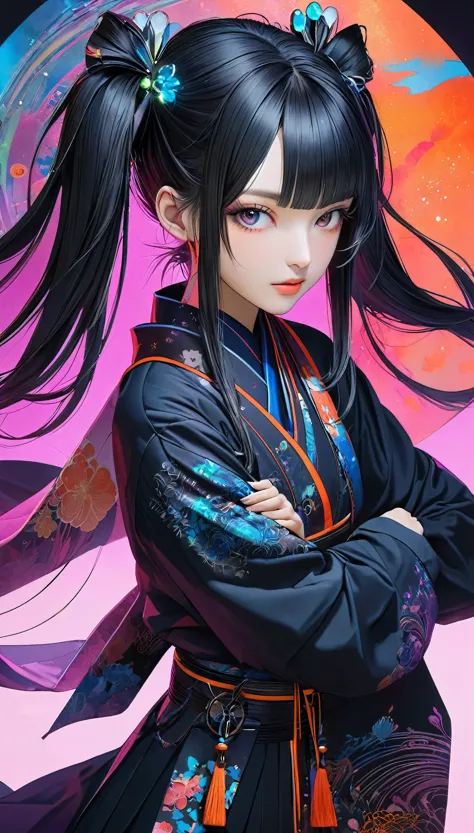 Twin tails, Aesthetic harmony of dark colors, Gothic Cyberpunk, A miraculous fusion with Ukiyo-e, Creating a fantastical view of...