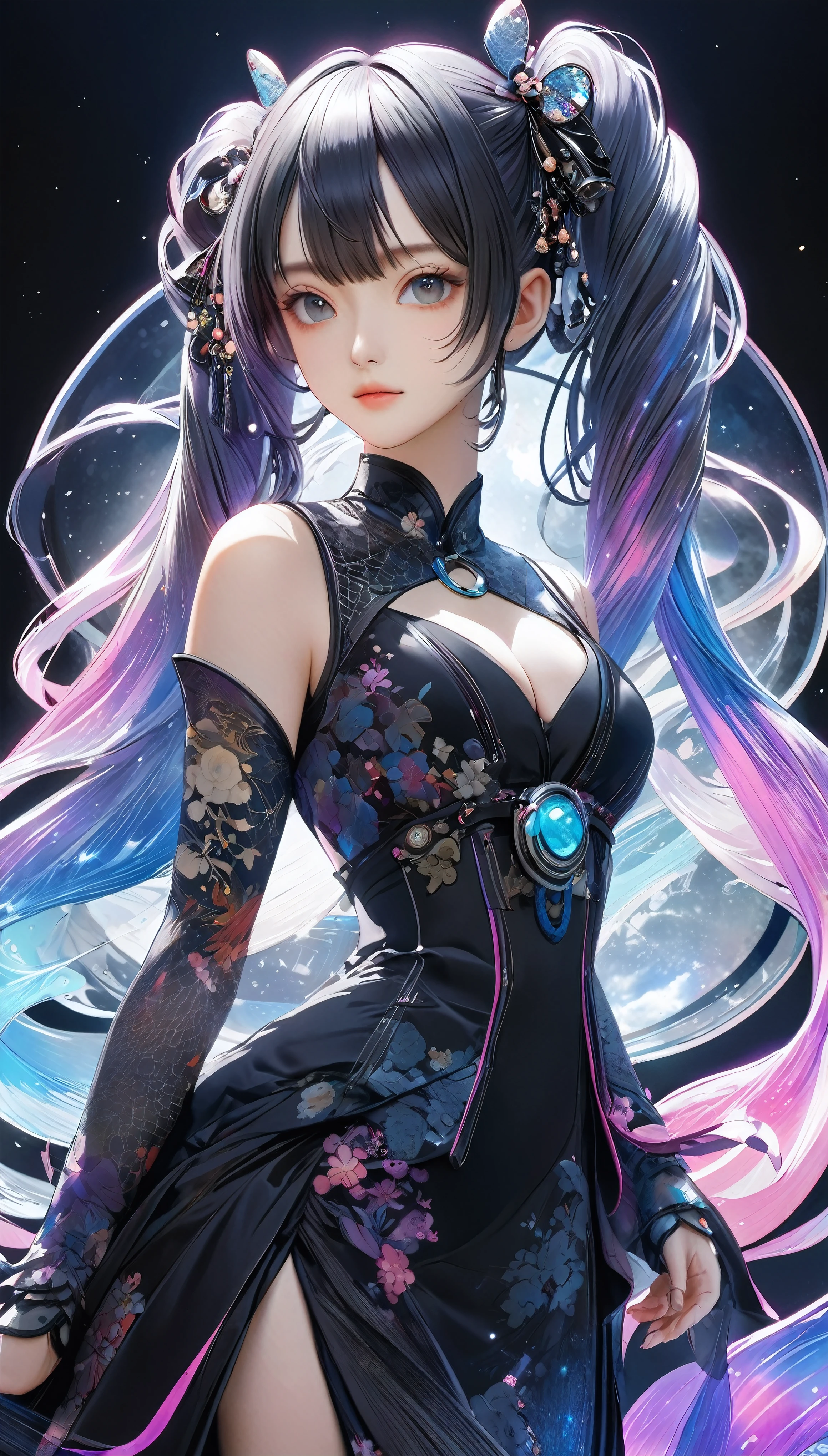 Zwillingsschwänze, Ästhetische Harmonie dunkler Farben, gothic cyberpunk, Eine wundersame Fusion mit Ukiyo-e, Erstellen Sie mit einer holografischen transparenten Beschichtung einen fantastischen Blick auf das Universum, 
BRECHEN Detailed and realistic skin texture, (Ich kann ihr Dekolleté sehen, Die Geschmeidigkeit der Seide, Silk luster, Seidentextur), 
BRECHEN ((Luxuriöse und luxuriöse Kleidung, Ärmellos)), Transparenter schillernder Farbverlauf, verlockend, (Die Transparenz des Kostüms:1.3), 
BRECHEN: Kleidung mit fluoreszierenden Neonfarben färben, Mikroskopisch kleine transparente, schillernde Edelsteine säumen den Umriss, 
BRECHEN Professional spray work, Detaillierte und komplizierte Textur, Detaillierte und komplizierte Pinselführung, Detaillierte und klare Darstellung, Anatomisch korrekt, Absurde Ästhetik, 
BRECHEN A dark background that makes the subject stand out, dramatische kinematografische Beleuchtung, 
BRECHEN Highest quality, höchste Auflösung, Oktan-Rendering, Super-Retina-Sehvermögen, 