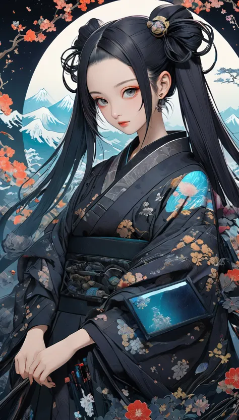 Twin tails, Aesthetic harmony of dark colors, Gothic Cyberpunk, A miraculous fusion with Ukiyo-e, Creating a fantastical view of the universe with a holographic transparent coating, BREAK Professional spray work, Detailed and intricate texture, Detailed and intricate brushwork, Detailed and clear depiction, Anatomically correct, Absurd aesthetics, BREAK Highest quality, Highest Resolution, Octane Rendering, super retina vision, 