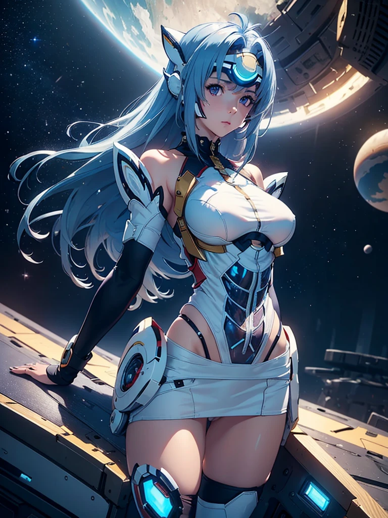 (masterpiece:1.3), (8K、photorealistic, Raw photo, best quality:1.4), (solo), one girl, (((kos-mos))), beautiful face, Beautiful face with perfect symmetry, cute face, (beautiful light blue long hair), With bangs, There is a visor on the forehead, beautiful purple eyes, perfect anatomy, (high detail skin: 1.2), natural breast, Beautiful thighs, Natural buttocks, white costume, mini skirt, costume with open chest, Clothes that look like 6 pack abs, Stars and planets can be seen in outer space, standing on the deck of a spaceship, perfect lighting, focus only, perfect anatomy,Front view,